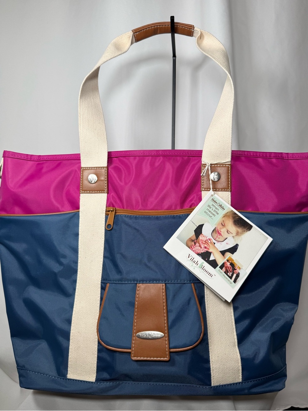Vilah Bloom Navy and Pink Canvas-Trim Diaper Bag
